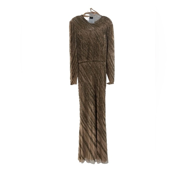 NWT Mac Duggal Long Sleeve Beaded Column Mocha Gown Size 8 - Picture 5 of 7